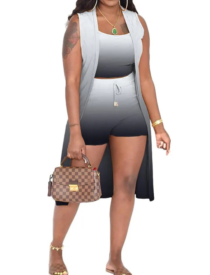 Three Piece Ribbed Sleeveless Cardigan u0026 Bodycon Shorts