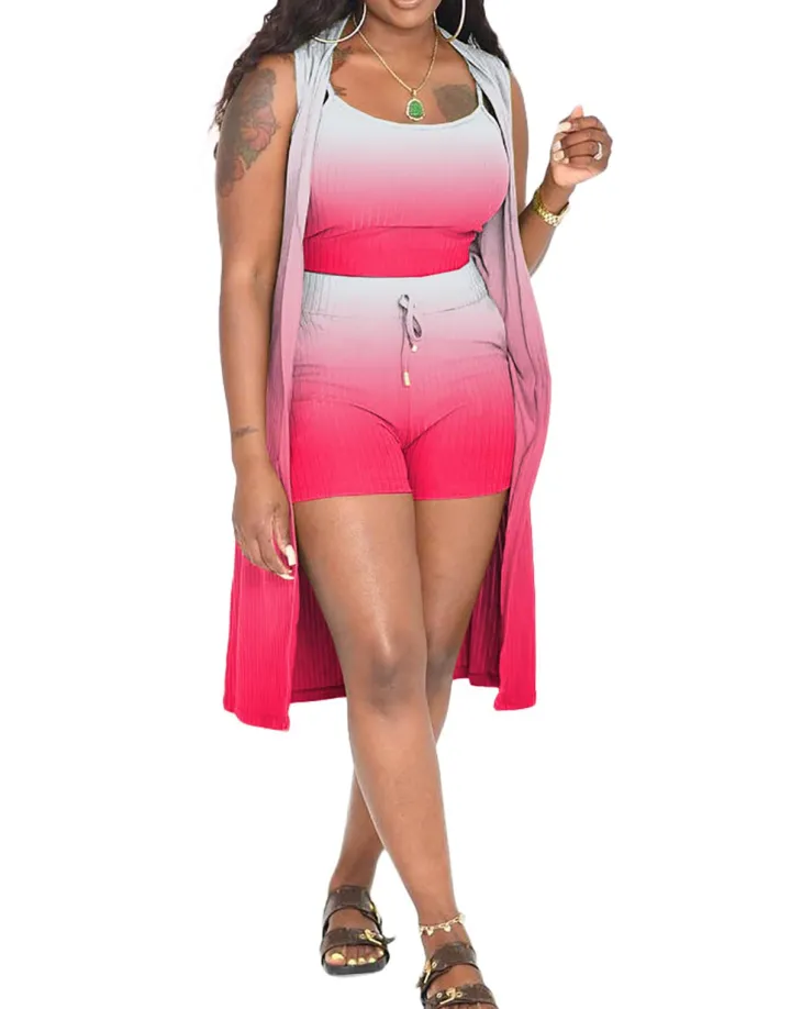 Three Piece Ribbed Sleeveless Cardigan u0026 Bodycon Shorts