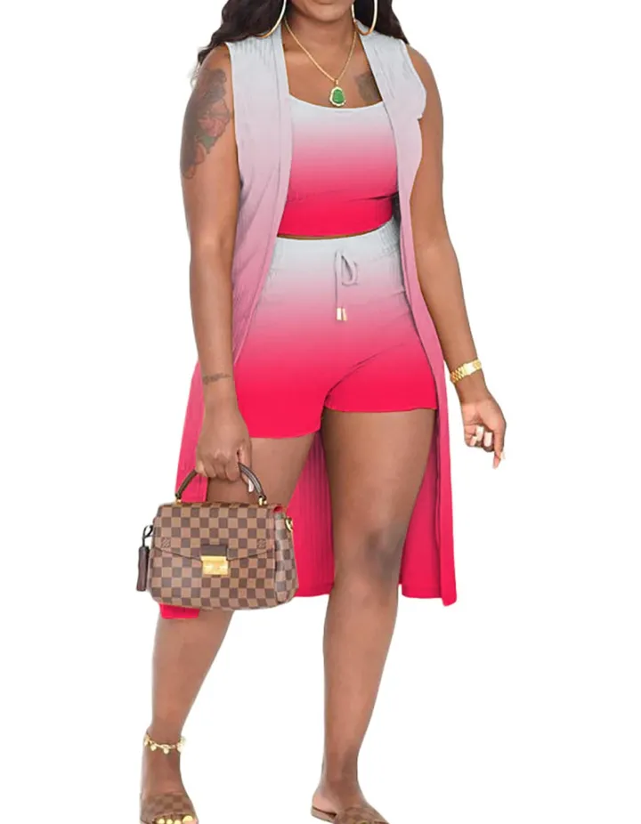 Three Piece Ribbed Sleeveless Cardigan u0026 Bodycon Shorts