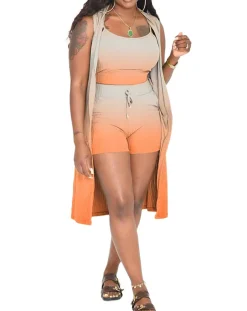 Three Piece Ribbed Sleeveless Cardigan u0026 Bodycon Shorts