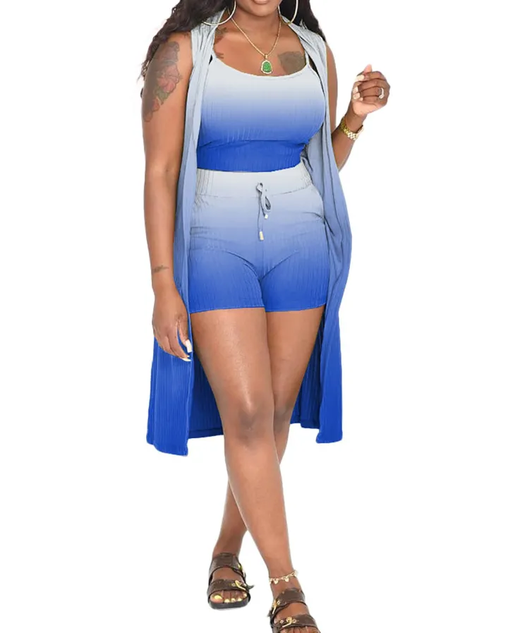 Three Piece Ribbed Sleeveless Cardigan u0026 Bodycon Shorts