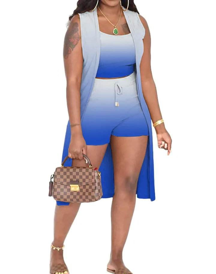 Three Piece Ribbed Sleeveless Cardigan u0026 Bodycon Shorts