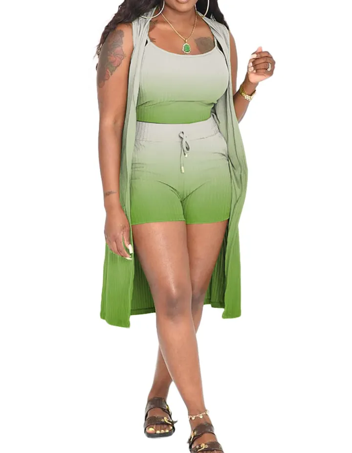Three Piece Ribbed Sleeveless Cardigan u0026 Bodycon Shorts