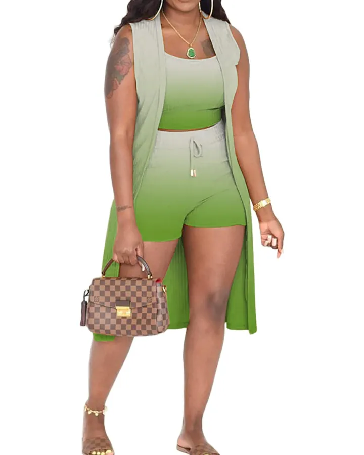 Three Piece Ribbed Sleeveless Cardigan u0026 Bodycon Shorts