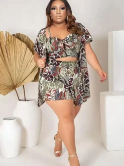 Three Piece Short Sleeve Floral Print shorts Set