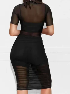 Three Piece Short Sleeve Mesh Ruched Midi Dress