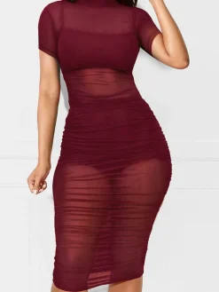 Three Piece Short Sleeve Mesh Ruched Midi Dress