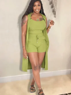 Three Piece Sleeveless Solid Color shorts Set