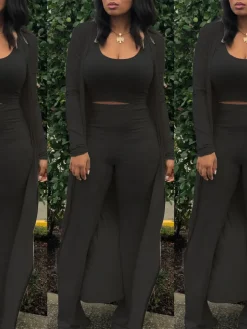 Three Pieces Set Crop Top Long Kimono Cardigan Pants