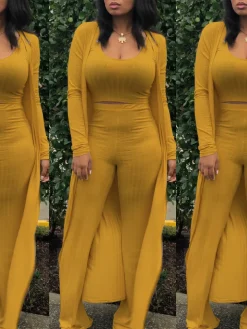 Three Pieces Set Crop Top Long Kimono Cardigan Pants