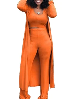 Three Pieces Set Crop Top Long Kimono Cardigan Pants