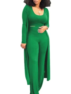 Three Pieces Set Crop Top Long Kimono Cardigan Pants