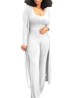 Three Pieces Set Crop Top Long Kimono Cardigan Pants