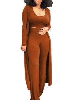 Three Pieces Set Crop Top Long Kimono Cardigan Pants