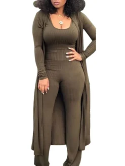 Three Pieces Set Crop Top Long Kimono Cardigan Pants