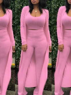 Three Pieces Set Crop Top Long Kimono Cardigan Pants