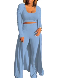Three Pieces Set Crop Top Long Kimono Cardigan Pants