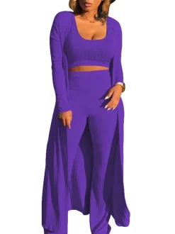 Three Pieces Set Crop Top Long Kimono Cardigan Pants