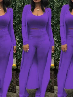 Three Pieces Set Crop Top Long Kimono Cardigan Pants