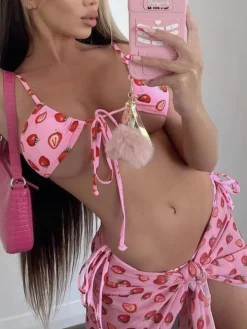 Three-Piece Mesh Drawstring Bikini Set