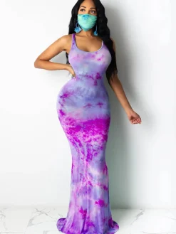 Tie Dye Leopard Print Square Neck Sleeveless Maxi Dress