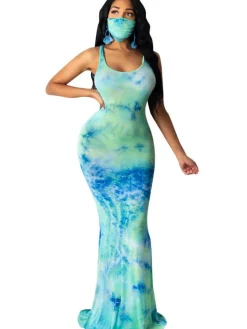 Tie Dye Leopard Print Square Neck Sleeveless Maxi Dress