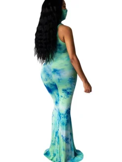 Tie Dye Leopard Print Square Neck Sleeveless Maxi Dress