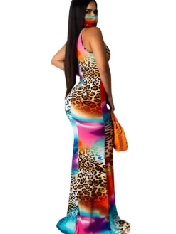 Tie Dye Leopard Print Square Neck Sleeveless Maxi Dress