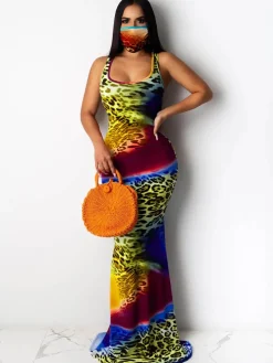 Tie Dye Leopard Print Square Neck Sleeveless Maxi Dress