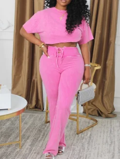 Tie-Dye Short Sleeve Crop Top Tie-Waist Pants Set