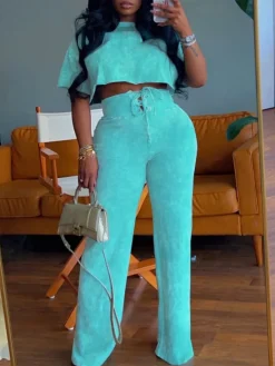 Tie-Dye Short Sleeve Crop Top Tie-Waist Pants Set