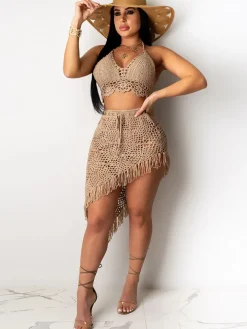 Two Piece Asymmetrical Knit Tassels Swimsuit