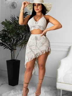 Two Piece Asymmetrical Knit Tassels Swimsuit