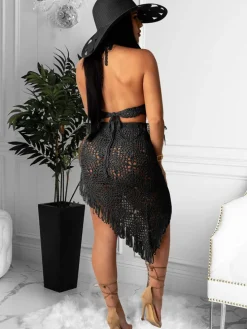 Two Piece Asymmetrical Knit Tassels Swimsuit