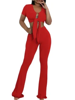 Two Piece Belted Crop Tops Wide Leg Pants Sets