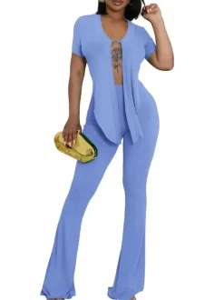 Two Piece Belted Crop Tops Wide Leg Pants Sets