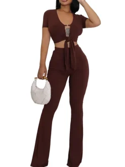 Two Piece Belted Crop Tops Wide Leg Pants Sets