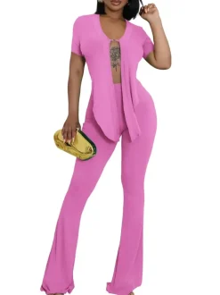 Two Piece Belted Crop Tops Wide Leg Pants Sets