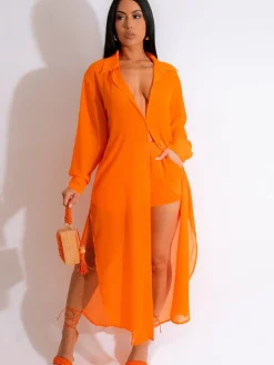 Two Piece Chiffon Long Sleeve Top Shorts