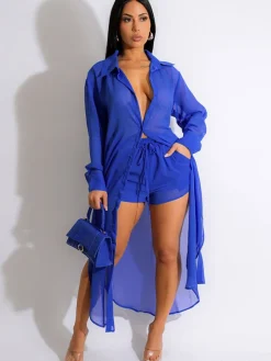 Two Piece Chiffon Long Sleeve Top Shorts