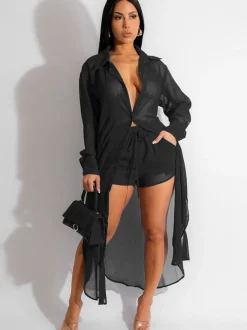 Two Piece Chiffon Long Sleeve Top Shorts