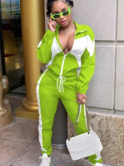 Two Piece Color Block Zip Up Top Long Pants