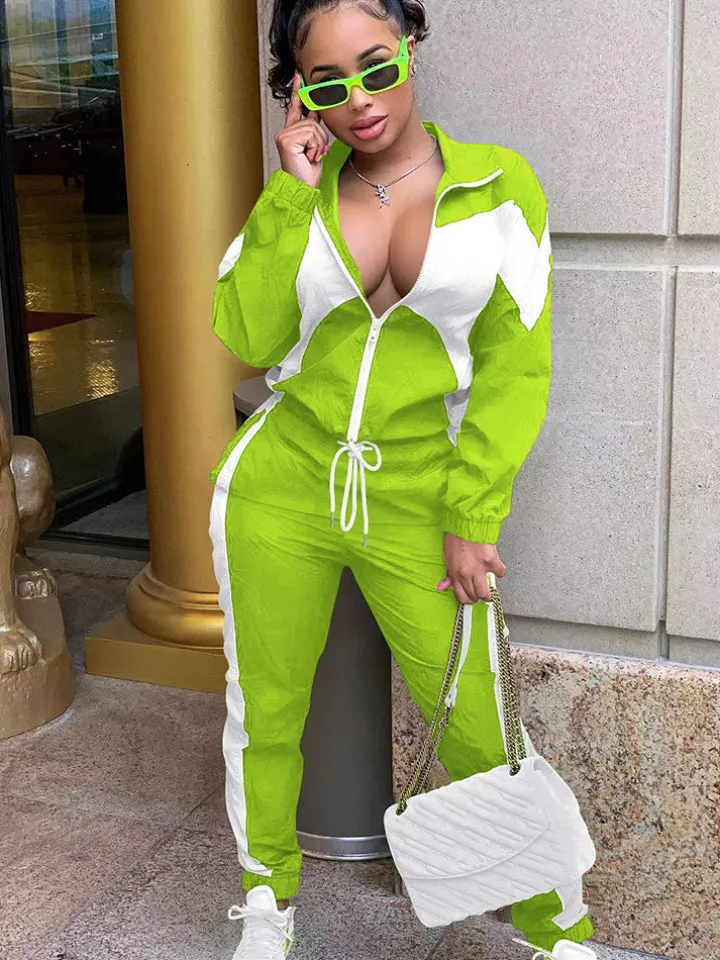 Two Piece Color Block Zip Up Top Long Pants