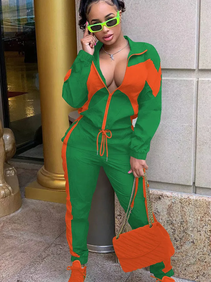 Two Piece Color Block Zip Up Top Long Pants