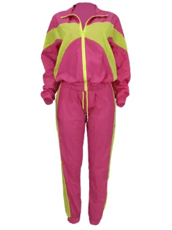 Two Piece Color Block Zip Up Top Long Pants