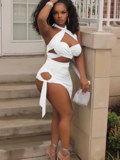 Two Piece Crisscross Crop Top Mini Skirts