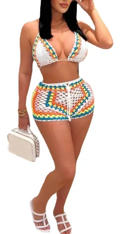 Two Piece Crochet Bikini Top and Shorts