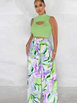 Two Piece Crop Top Floral Print Long Pants