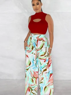 Two Piece Crop Top Floral Print Long Pants