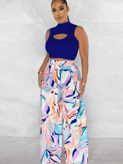 Two Piece Crop Top Floral Print Long Pants